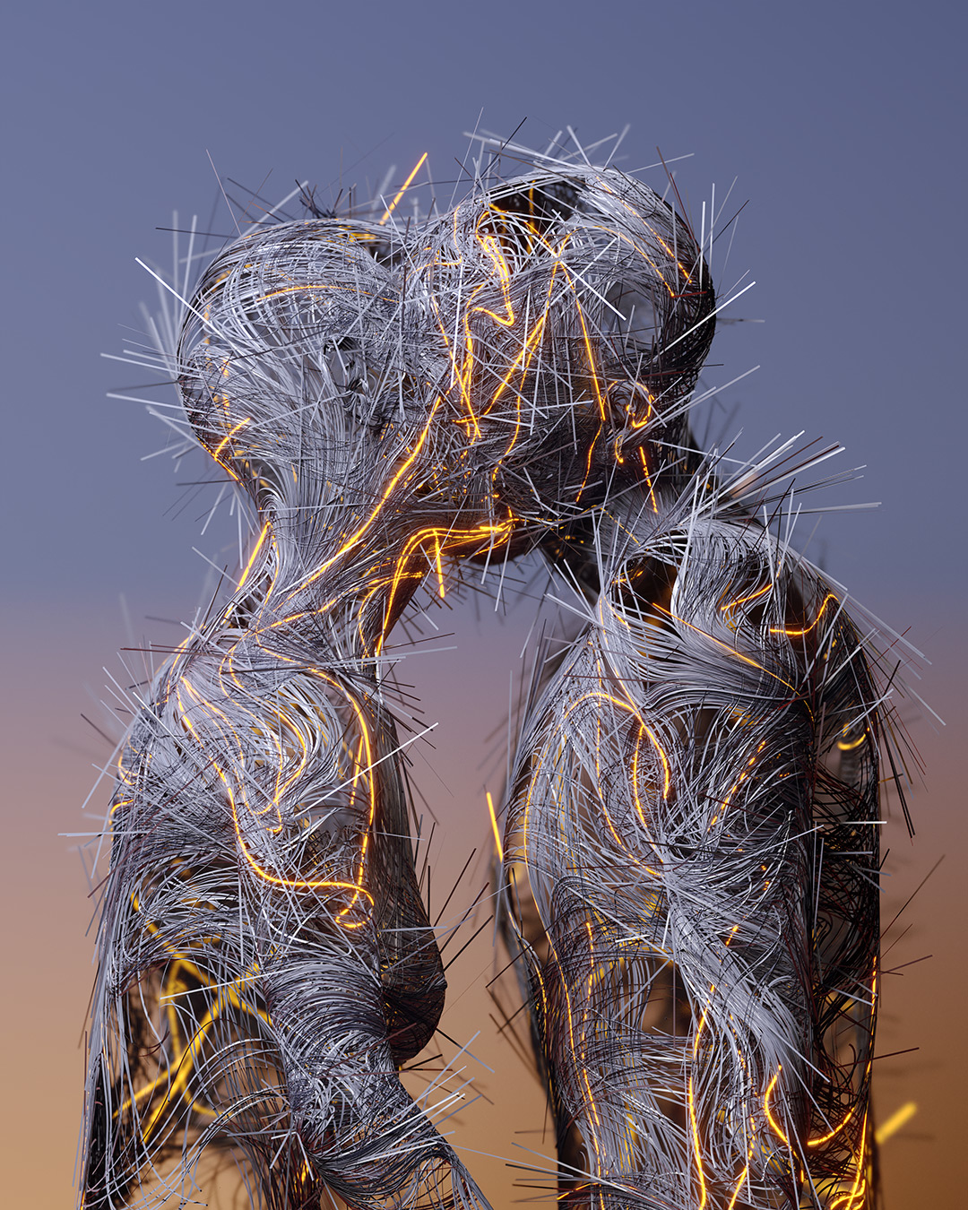 Surreal digital art depicting two intertwined figures constructed from metallic threads and glowing lines, symbolizing the fusion of human connection and the metaphysical realm.