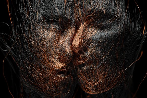 Digital artwork depicting two intertwined human faces formed by glowing copper and silver threads, symbolizing duality, emotional tension, and the fragile intersection of identity.