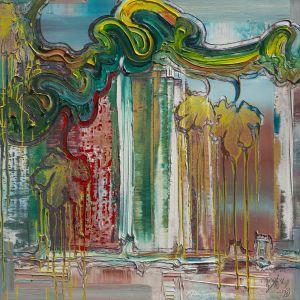 Horizon 1 - 2019 - Brixy Dietmar - Oil on canvas - 100 x 100 cm Vibrant abstract oil painting with flowing green and yellow forms dripping over layered vertical textures in red, turquoise, and ochre, evoking organic growth and architectural rhythm.