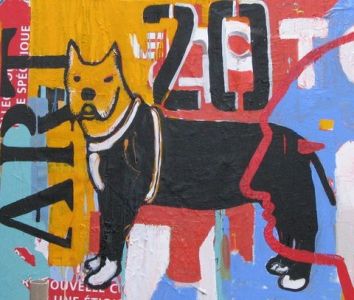Jean Starck - Dog noir au profil rouge - Technique mixte sur toile, collage et peinture - 2010 - 120 x 140 cm