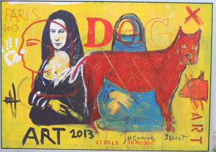 Jean Starck - Dog rouge à la Joconde Street - Peinture sur panneau de bois contreplaqué et cadré - 2013 - 100 x 120 cm