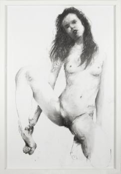 Philippine - 2010 - Philippe Pasqua - Technique mixte, fusain sur aquarelle collé sur toile - 230 x 160 cm Mixed media artwork in charcoal and watercolor on canvas, depicting a nude female figure in a dynamic pose, drawn with bold expressive lines and emotional realism.