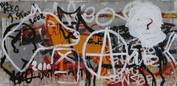 Jean Starck - Dog à deux mains (Jean Starck et Kéo) - Technique mixte, graphe et peinture sur panneau de bois - 2008-10 - 83 x 200 cm