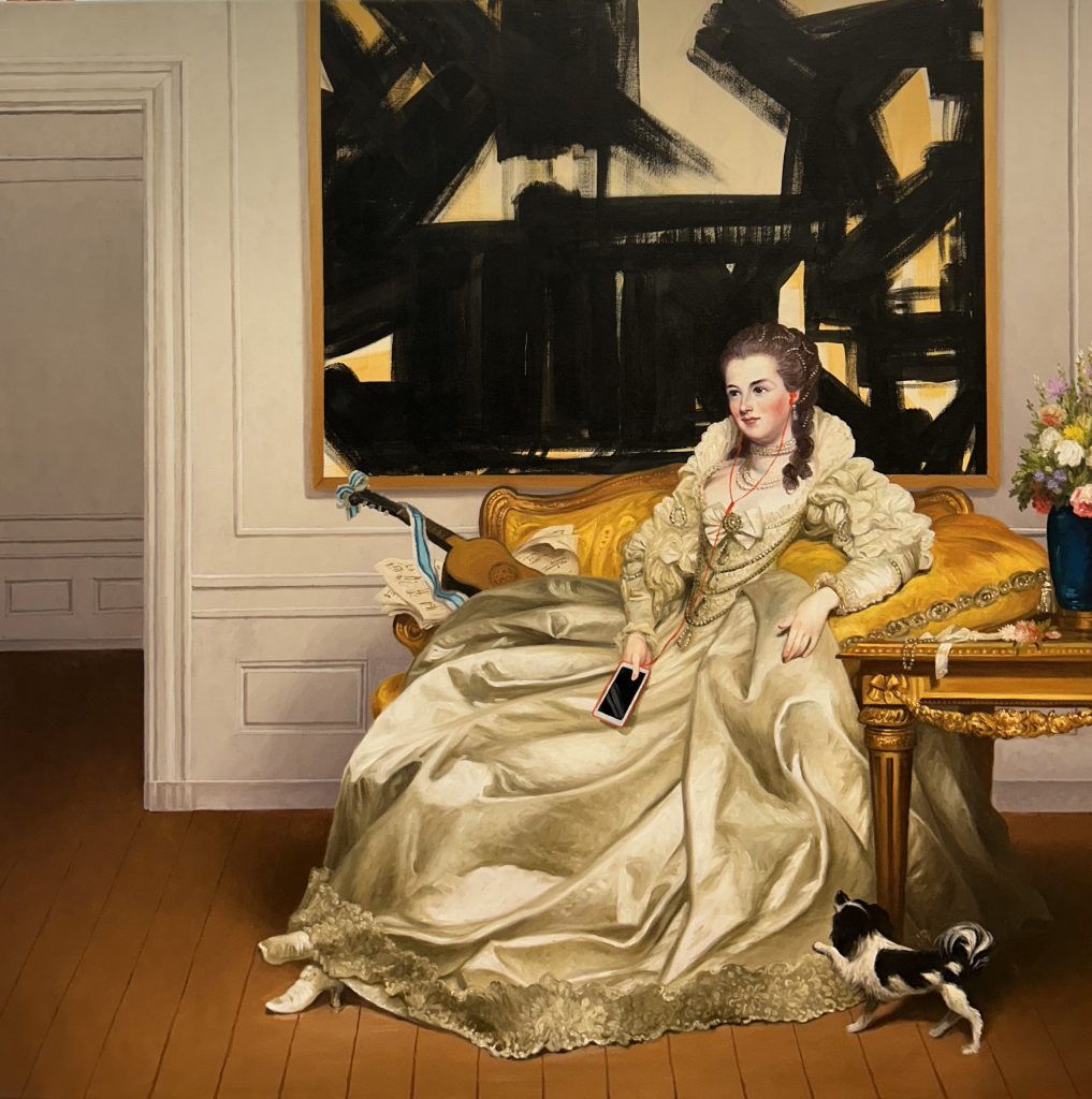 A woman in an ornate gown reclines on a gold sofa, holding a smartphone. A small dog stands nearby. Abstract art and flowers adorn the elegant room.